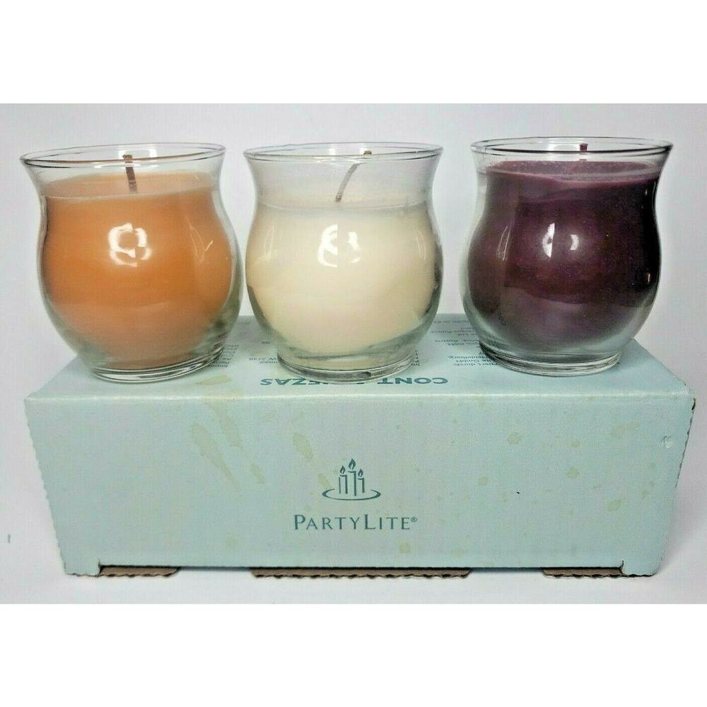 PartyLite 3 Mini Barrel Jar Candles NIB Pumpkin, Vanilla, Pomegranate P6A/P95002